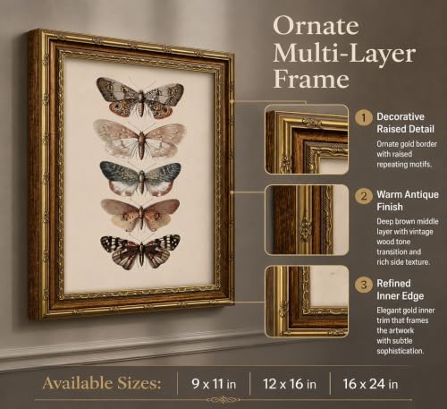 Vintage Gold Framed Butterfly Canvas Wall Art, Retro Moody Moth Painting - Image 2