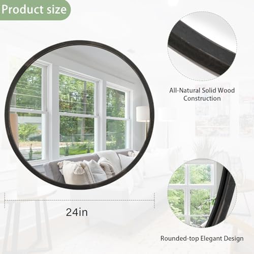 JJUUYOU Black Circle Wall Mirror Round Wood Framed Mirror - Image 2