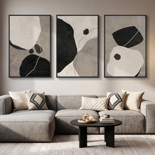 Large Framed Black and White Abstract Wall Art, 3 Piece Set, Each 24x36 In by Cuspin