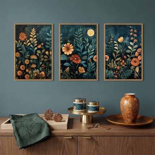 Moody Blue Floral Botanical Framed Canvas Wall Art Set-24"x36"x3 - Image 2