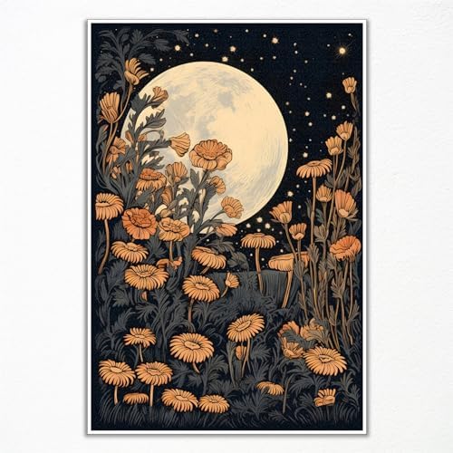 Vintage Moon Flowers Canvas Wall Art, Retro Mystical Celestial Moon Poster by Yuaruo