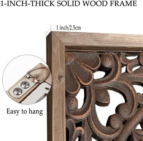 XIAOAIKA Boho Carved Wood Wall Art Panel, Floral Mandala, Distressed Brown - Image 5