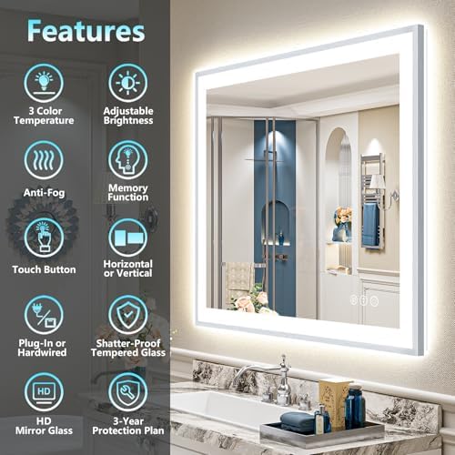 44x32 Inch Brushed Nickel LED Bathroom Mirror, Backlit & Front Lit - Image 2