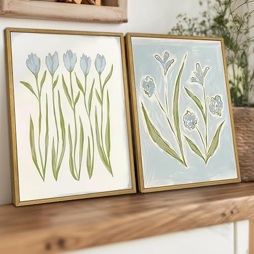 wanyun Blue Tulip Flower Wall Art Set of 2, Watercolor Floral Preppy Canvas - Image 7