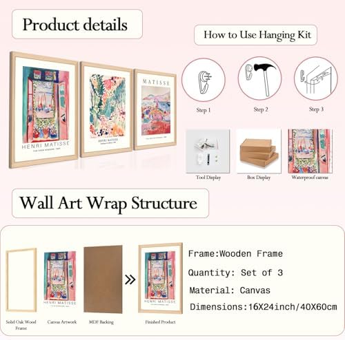 Wooden Framed Matisse Wall Art Set of 3 Abstract Henri Matisse Posters Vintage - Image 3