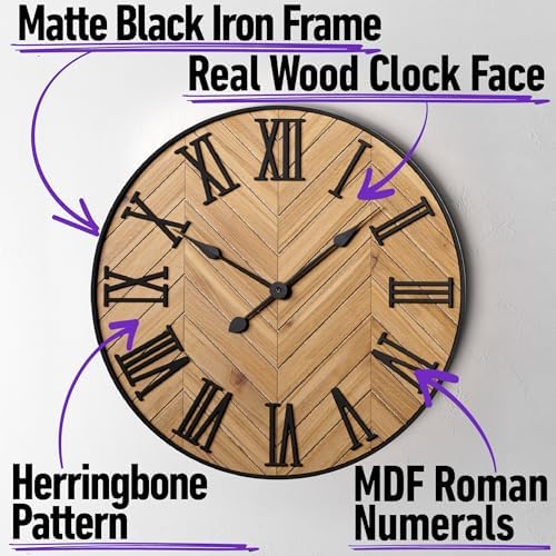 Large Wall Clock 24" Round, Silent Metal & Wood - Image 2