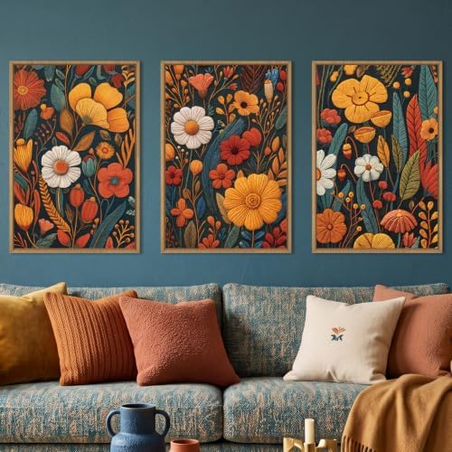 Large Boho Floral Framed Canvas Wall Art Set 16"x24"x3 by Ausril