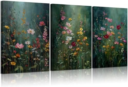 3Pcs Dark Green Floral Canvas Wall Art Moody Wildflowers Poster Prints Vintage by RDFMNNS