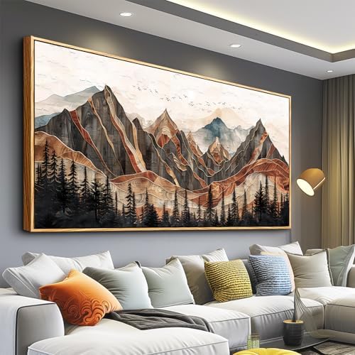 XIGUANGART Framed Boho Landscape Large Wall Art, Abstract Sun Mountain Canvas by XIGUANGART