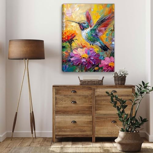 Pormipone Hummingbird Wall Art 16x24 Inch Framed Canvas Floral Oil Painting - Image 3