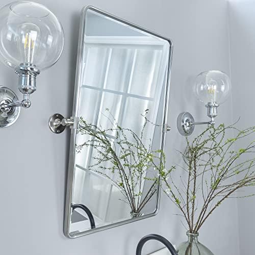 Farmhouse Pivot Rectangle Bathroom Mirror Brushed Nickel Metal Framed Tilting by TEHOME