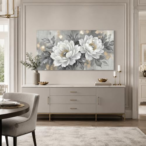Anolyfi White Peony Neutral Floral Canvas Wall Art by Anolyfi