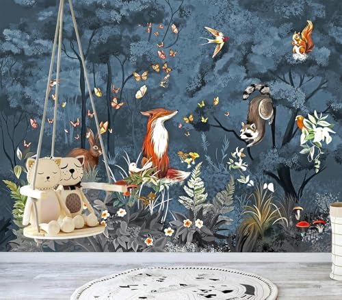 Charming Blue Forest Fox Raccoon Rabbit Kids Wallpaper - Image 3