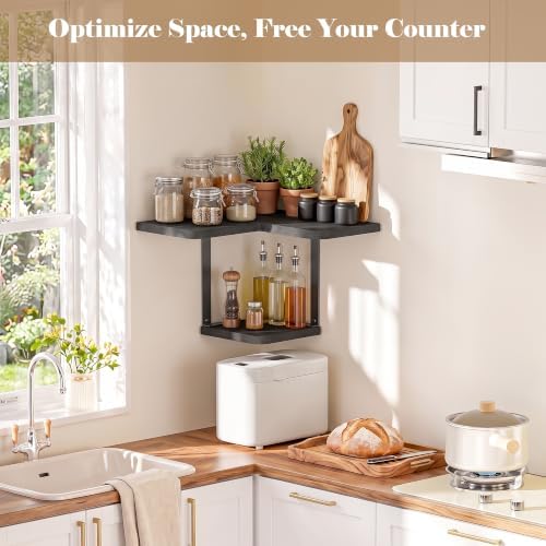 SRIWATANA 2-Tier Corner Wall Shelf, Rustic Wood Storage Display Shelf Black - Image 2