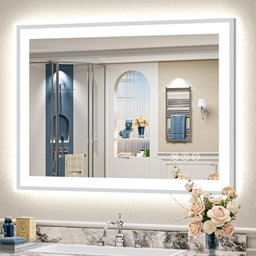 40x30 Inch Brushed Nickel LED Bathroom Mirror, Backlit & Front Lit by Awandee