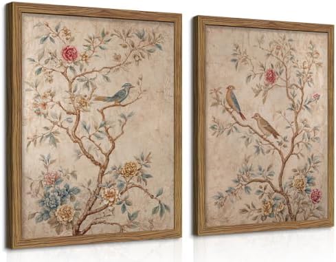 Vintage Floral Bird Wall Art Set of 2, Birds by Unknown