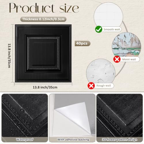 Nuanchu 40 Pcs 13.8 x 13.8 Inch Ceiling Tiles Peel and Stick, Matte Black - Image 2