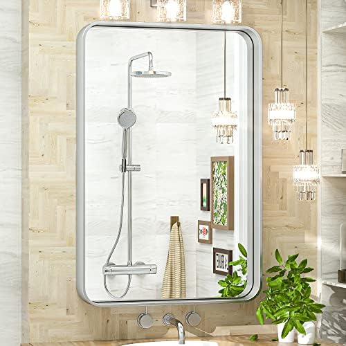 TokeShimi 20 x 30 Inch Silver Bathroom Wall Mirror Vanity Metal Frame Round by TokeShimi