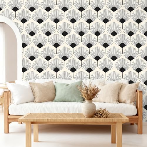 VEELIKE Beige and Black Geometric Peel and Stick Wallpaper Boho Fan Pattern - Image 2