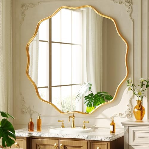 30" Decorative Scalloped Round Wall Mirror, Wavy Metal Deep Frame by Unknown