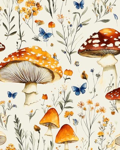 BOKEBEVE Mushoroom Wallpaper Peel and Stick Boho Beige Yellow 17.5 x 118In by BOKEBEVE
