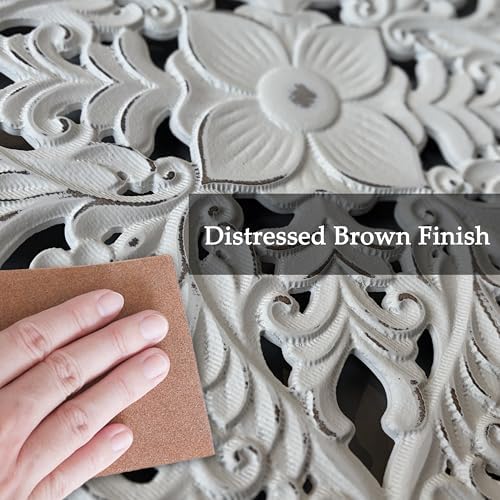 XIAOAIKA Boho Carved Wood Wall Art Panel, Floral Mandala, Distressed White - Image 5
