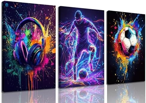 3PCS Soccer Canvas Wall Art Neon Color Splash wall decor pictures by Unknown