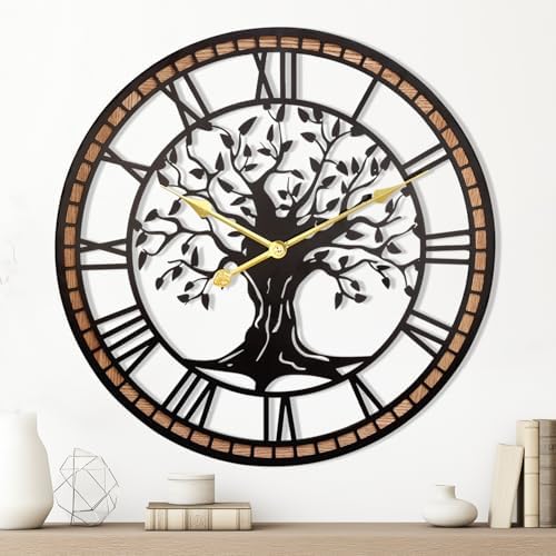 24" Tree of Life Wood and Metal Wall Clock, Rustic Decor by Axioglo