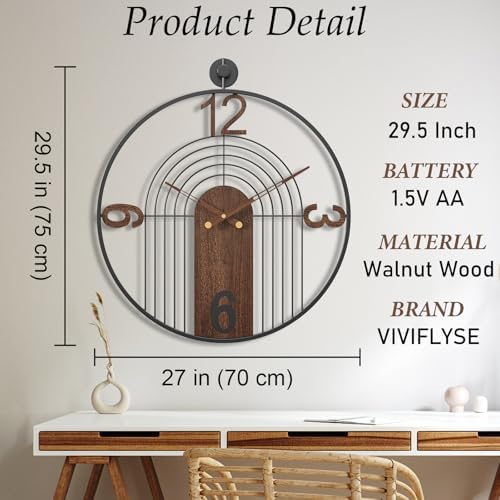 Modern Large Walnut Dial Wall Clock, Wood Metal Frame Silent Non Ticking Wall - Image 2