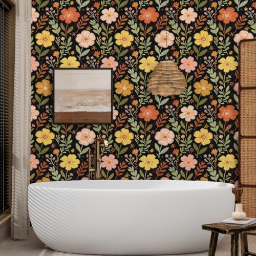 ILHIIOR Black/Orange Floral Peel and Stick Wallpaper 17.5 x 118 Inches - Image 7