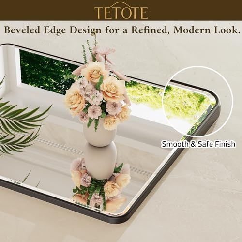 TETOTE Black Framed Vanity Mirror 24 x 32 Beveled Edge Tempered Glass, Rounded - Image 4