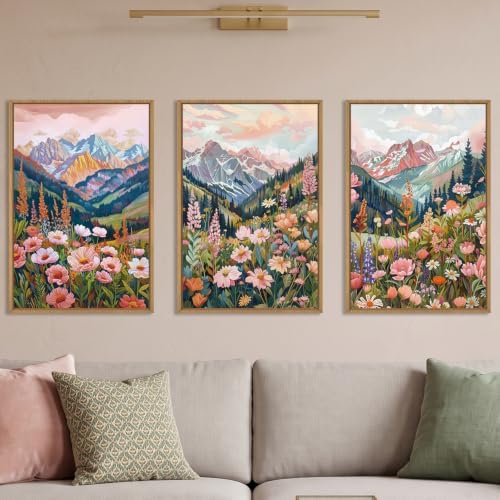 Boho Vibrant Mountain Wildflower Framed Canvas Wall Art Set- 16"x24"x3 by Aryroi