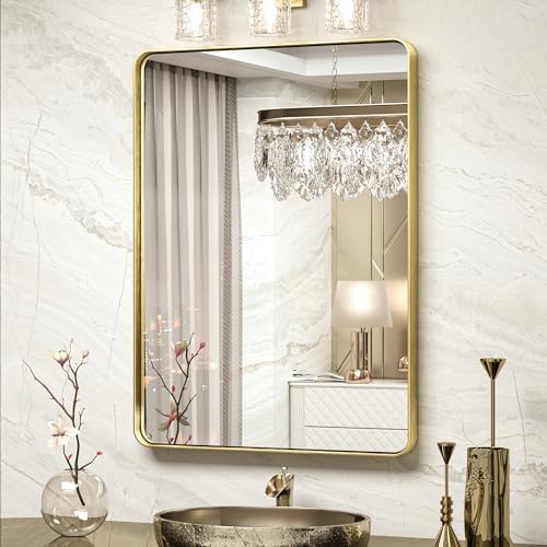TokeShimi Bathroom Mirror for Wall 24 x 32 Inch Gold Brushed Brass Metal by TokeShimi