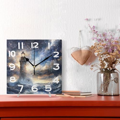 3D Beautiful Night Sky Lighthouse Square Wall Clock, 8 Inch Standard Non - Image 4