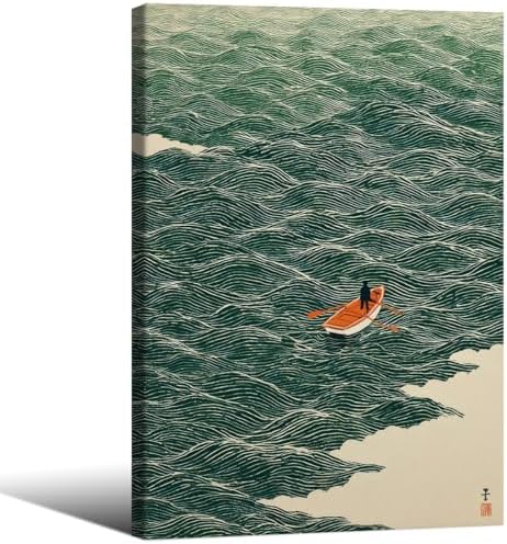 Vintage Japanese Canvas Wall Art Emerald Green Boat At Sea Posters Minimalist by Unknown