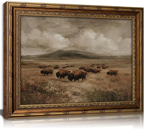 Gold Framed Wall Art Vintage country Bison Herd Canvas Painting Picture Wall by VintageGoldFramedWallArt