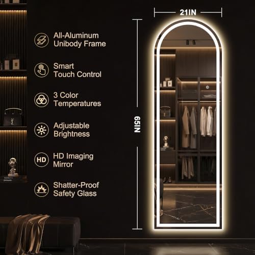 Delma LED Arched Full Length Mirror, Dimmable & 3 Color Lighting, - Image 4