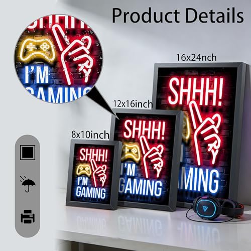 Framed Funny Gamer Wall Art, Boys Game Room Wall Decor, Shhh I’m Gaming Neon - Image 4