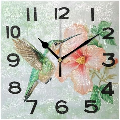 Spring Hummingbird Foraging Flower Square Wall Clock, 8 Inch Standard Non by Peystean