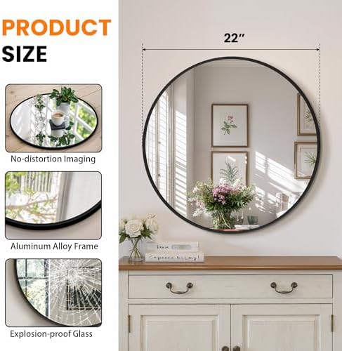 TRAHOME Black Round Bathroom Mirror, 2 Pack 22” Vanity Circle Wall Mirror - Image 2