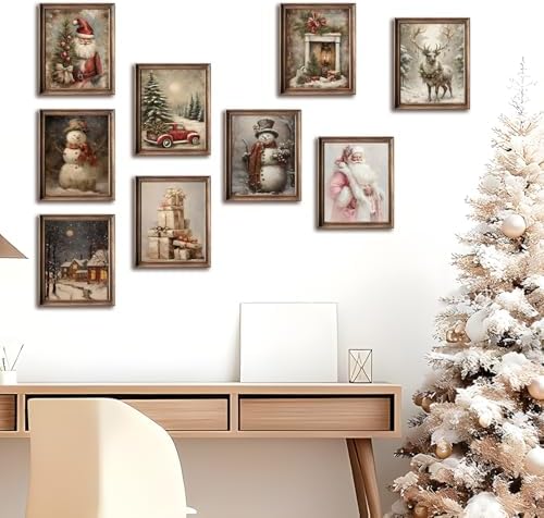 Vintage Christmas Canvas Wall Art Set of 9, Santa Claus Xmas Tree Snow Scene - Image 6