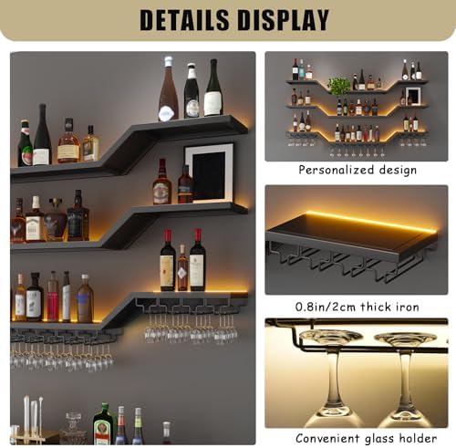 63" Modern LED Wine Rack Wall Mounted, 3-Tier Floating Bar Shelves - Image 7