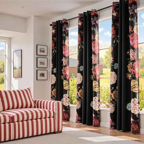 jinchan Black Floral Blackout Curtains 96 Inch Vintage Grommet 2 Panels - Image 3