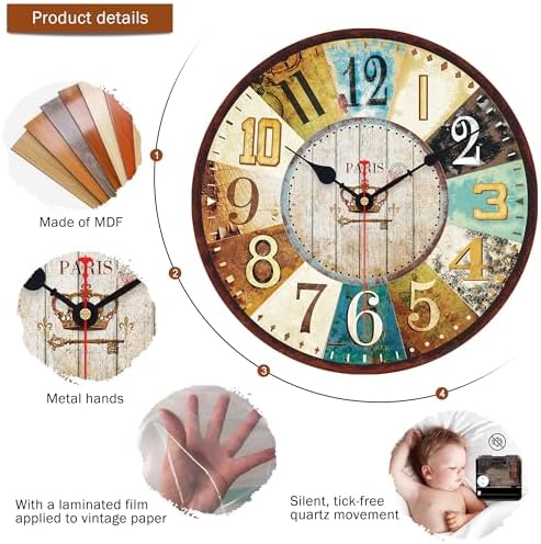 VIKMARI 14in Wooden Wall Clock Tuscan French Country Silent Home Decor - Image 2