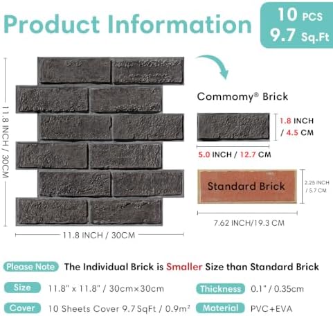 Commomy 3D Wall Panels Peel and Stick Faux Brick 10 Pcs 11.8" x 11.8" - Image 6
