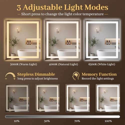 LED Bathroom Mirror with Lights 24"x36", Wall-Mounted Vanity Mirrors Front & - Image 4