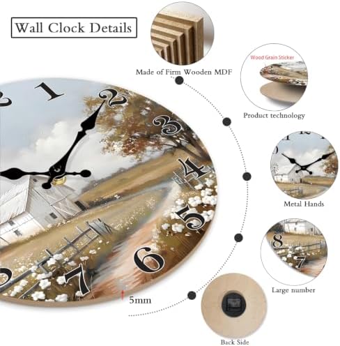 XFM 12 Inch Silent Wooden Wall Clocks Battery Operated Farm Barn - Image 3