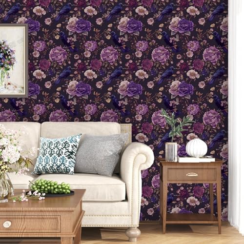 Laatse Gothic Dark Purple Crow Floral Wallpaper Peel and Stick 17.5"x787" - Image 2