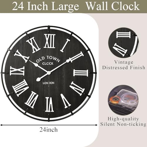 EMAX HOME 24 Inch Vintage London Style Wall Clock, Rustic Metal Frame, Silent - Image 4