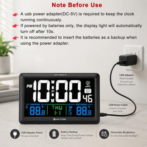 Digital Wall Alarm Clock with Large Display, Indoor/Outdoor Temp - Image 6